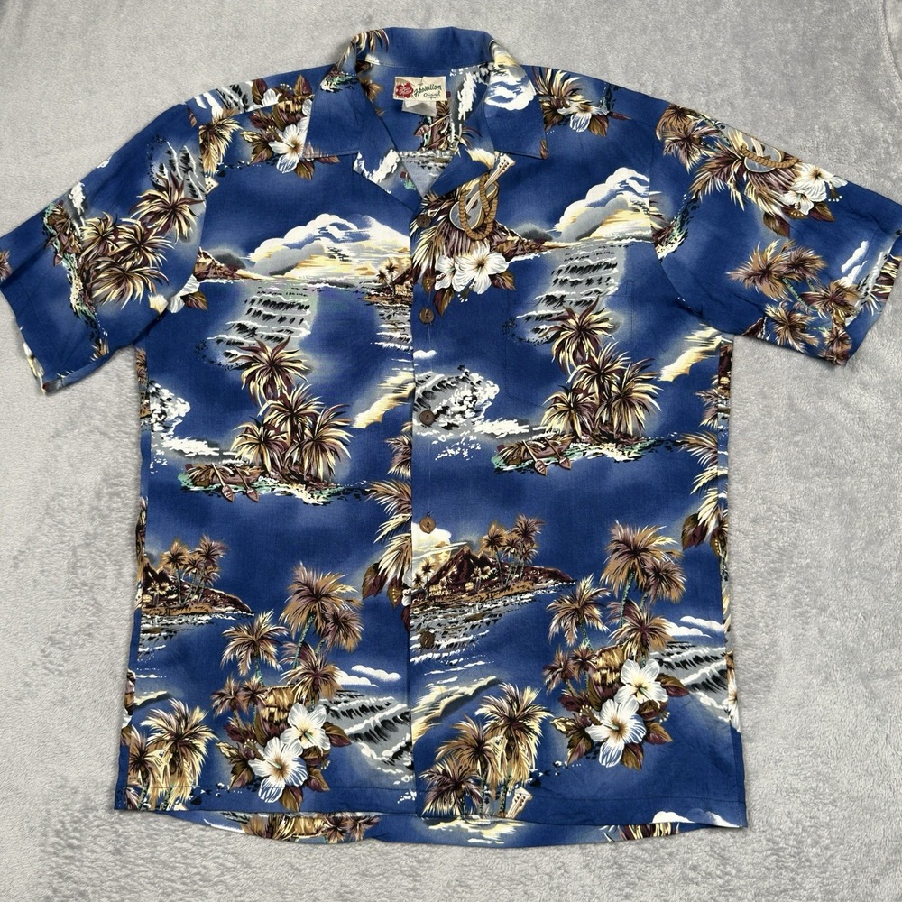 Vintage Hilo Hattie Multicolor Hibiscus Orchid Guitar Hawaiian Aloha Shirt Large